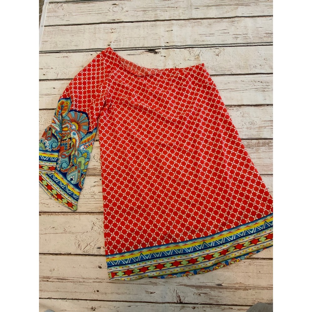 Candy Rose One Shoulder Dress Small Red Boho 70s Retro Paisley Bell Sleeve